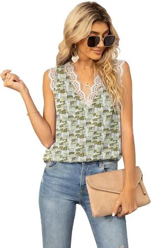 Miniatura 259 de VIISHOW - Camiseta sin mangas, sexy, con cuello en V y bordes de encaje para mujer, camisola de vestir, camisas de gasa, sin mangas, casuales