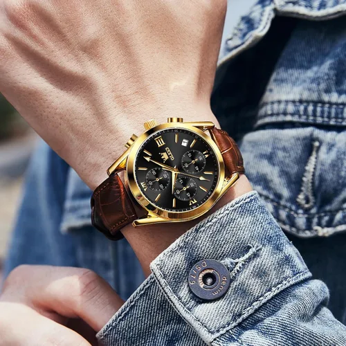 Miniatura 2 de OLEVS Reloj cronógrafo para hombre, reloj de pulsera analógico de cuarzo con correa de cuero para hombre (azulblanconegrodorado)