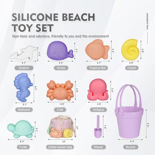Miniatura 2 de MarcZero 11 piezas de juguetes de playa de silicona, juguetes modernos de playa para bebés, juego de playa apto para viajes, juguete ecológico, cubo