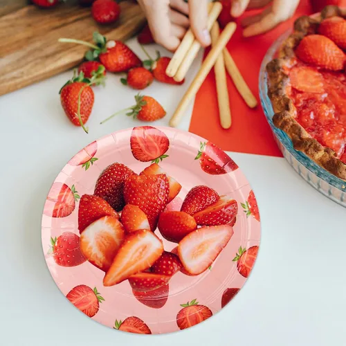 Miniatura 3 de 120 platos de papel de fresa de 7 pulgadas, platos de postre desechables decorativos para fiestas, platos de fiesta de fresas a granel