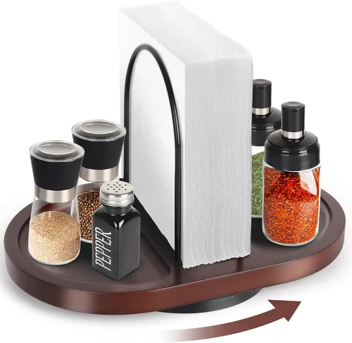 Miniatura 10 de Servilletero para mesa, dispensador giratorio con salero y pimentero, soporte de bambú, almacenamiento rústico de servilletas de metal para mesa