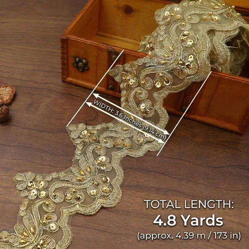 Miniatura 3 de IDONGCAI Cinta metálica de lentejuelas 3D con ribete de encaje dorado vintage para alteraciones de vestidos de novia, manualidades de cabaña