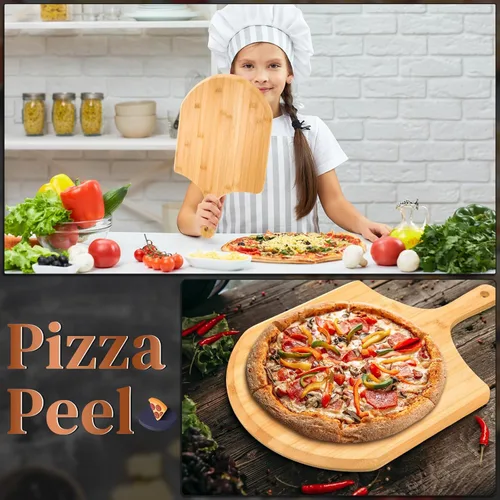 Miniatura 6 de Gerrii 9 piezas de madera para pizza de 15.75 pulgadas, tabla de cortar de bambú para tarta, espátula de paleta con mango para hornear, horno
