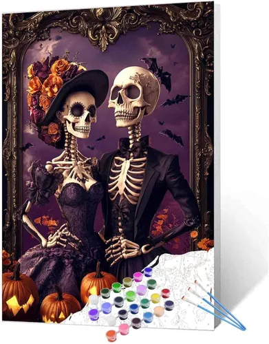 Miniatura 8 de Pintura por números para parejas tomadas de la mano, para adultos, principiantes, Día de los Muertos, Esqueleto, Pintura por números sobre lienzo
