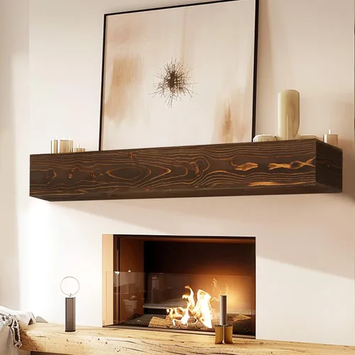 Miniatura 24 de Repisa de chimenea de 48 pulgadas, madera maciza rústica hecha a mano de 3 pulgadas de grosor, estante flotante largo de pared con soporte de metal