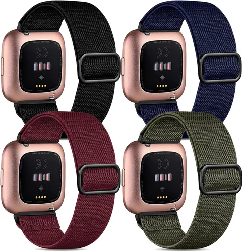 Miniatura 9 de Paquete de 4 bandas elásticas compatibles con pulseras Fitbit Versa y Versa 2, correas de repuesto elásticas ajustables de nailon suave para mujeres