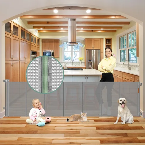 Miniatura 26 de Puertas de bebé retráctiles reforzadas de 55" de ancho para puertas para prevenir que se arrastre, puerta retráctil para exteriores, puertas