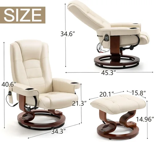 Miniatura 3 de AVAWING Silla reclinable con masaje por vibración, reclinable, de piel sintética, con otomana, giratoria, de madera, para sala de estar, color beige