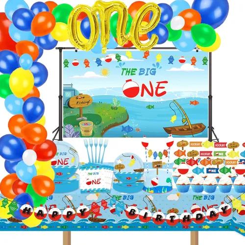 Ofishally - 217 piezas de decoraciones de cumpleaños con diseño de «Gone Fishing Dinnierware» The Big One Balloon Garland Banner Cake Cupcake Topper