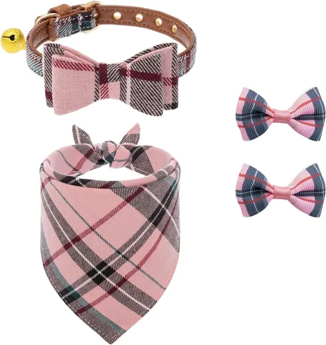 Miniatura 10 de PUPTECK Juego de collar y bandana para perro, paquete de 3 pinzas ajustables para el pelo de mascotas con pajarita y campanas, piel sintética suave
