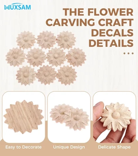 Miniatura 3 de MUXSAM Paquete de 10 rosetas de madera, apliques pequeños onlay, sin pintar, calcomanías redondas de tallado de flores para el hogar, armarios