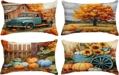 Miniatura 16 de Juego de 4 fundas de almohada de otoño de 12 x 12 pulgadas, fundas de almohada de calabazas de Acción de Gracias, fundas de cojín decorativas