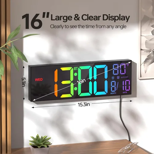 Miniatura 2 de JALL Reloj de pared digital grande de 16.2 pulgadas con segundos, sincronización Bluetooth, alarma LED grande, color RGB, temperatura DST para aula