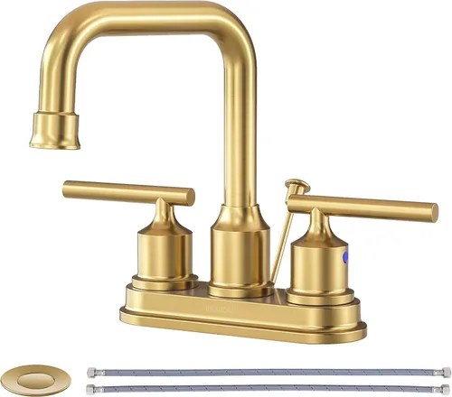 WOWOW Grifo de baño dorado cepillado de 4 pulgadas, grifo de lavabo de 3 agujeros, grifo de fregadero de 2 manijas con conjunto de drenaje, Oro