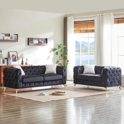 Miniatura 17 de KEIKI Sofá Chesterfield de terciopelo de lujo de 61 pulgadas con 2 almohadas, estilo mediados de siglo con botones copetudos de 2 plazas con cojines