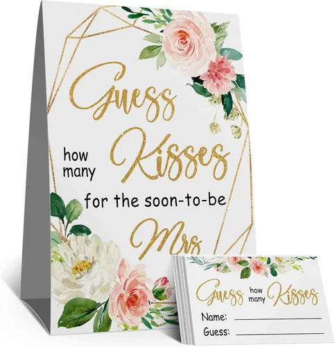 Juego de despedida de soltera How Many Kisses, flores rosas en acuarela, adivina cuántos besos para el pronto será señora, fiesta de tribu nupcial,