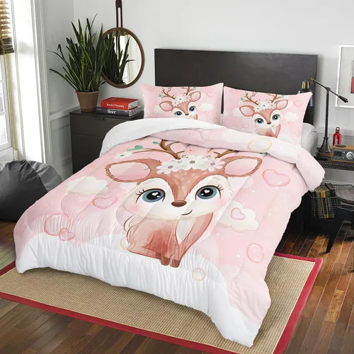 Miniatura 2 de AILONEN Bonito juego de edredón tamaño individual, lindo juego de ropa de cama de ciervo rosa para niños y niñas, juego de edredón Kawaii de ciervos