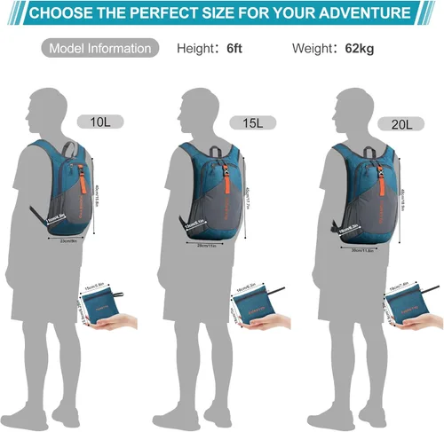 Miniatura 6 de FIORETTO Mochila de 10L para senderismo para mujeres y hombres, mini mochila plegable, ligera, mochila pequeña de día para camping, viaje, al aire