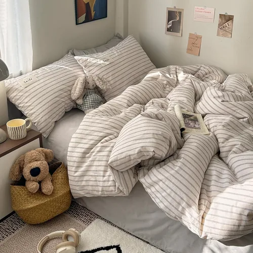 Miniatura 31 de AOJIM Blue & Brown Striped Duvet Cover Set Twin Size 100% Washed Cotton Stripe Bedding Set 3-Piece, Soft Zipper Comforter Cover and 2 Pillowcases
