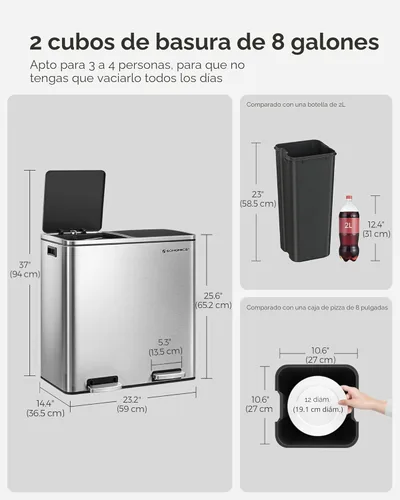 Miniatura 5 de SONGMICS Bote de basura, 2 botes de basura de 8 galones (2 x 30 L) para cocina, con 15 bolsas de basura, 2 compartimentos, cubos interiores de Plata
