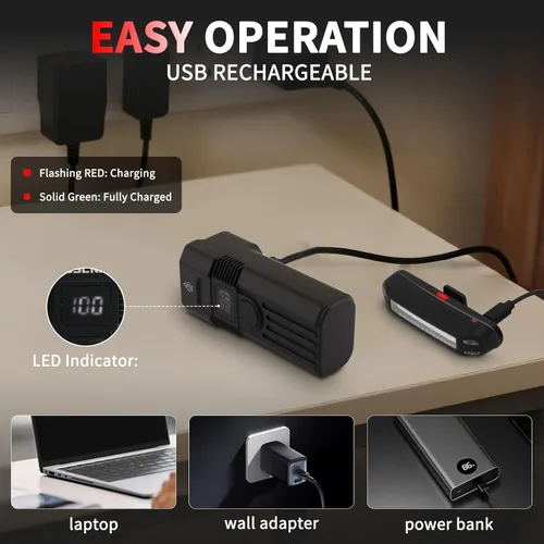 Miniatura 4 de Bike Light for Night Riding, 2000LM/1000LM Bicycle Headlight & Taillight, Multiple Modes,3000mAh/2000mAh USB C Rechargeable Waterproof LED Bright