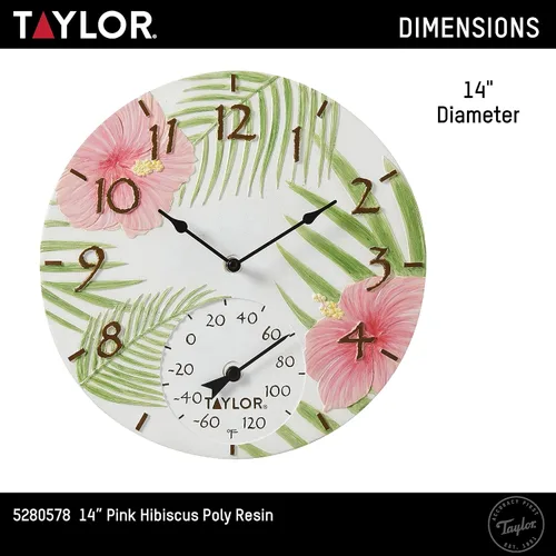 Miniatura 4 de Taylor Reloj y termómetro de poliresina de hibisco rosa para interiores y exteriores, decoración del hogar para jardín, patio, piscina y áreas