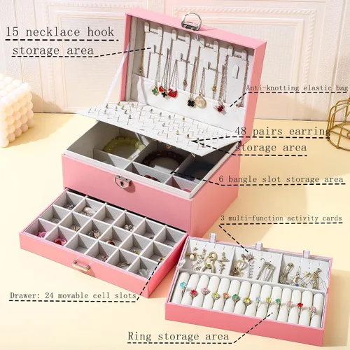 Miniatura 2 de BOOVO Joyero de aretes para mujeres y niñas, organizador de tachuelas, caja organizadora de joyas de 5 capas con candado, organizador de aretes