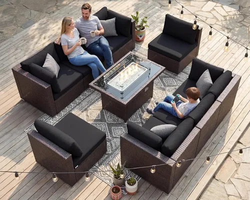 Miniatura 29 de BULEXYARD Juego de muebles de patio de respaldo alto de 7 piezas con mesa de fogata de combustible dual propano/gas natural, sofá seccional