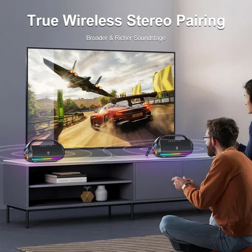 Miniatura 5 de HWWR Altavoz Bluetooth portátil con 2 micrófonos inalámbricos, sistema de altavoces portátiles ruidosos, graves profundos, corte de eco y voz, IPX5