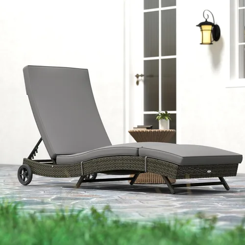 Miniatura 8 de Outsunny Tumbona de mimbre para exteriores de ratán de polietileno acolchado para patio, tumbona con respaldo ajustable de 5 niveles y ruedas