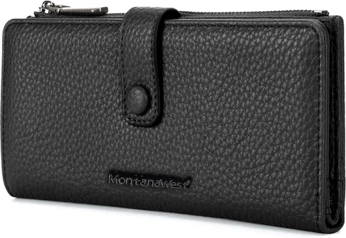 Miniatura 20 de Montana West Billetera pequeña para mujer, de piel auténtica, triple pliegue, tarjetero Rfid con cremallera y bolsillo para monedas, Un negro, Casual