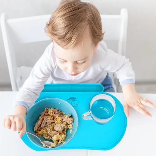 Miniatura 4 de Tapete individual de silicona para niños, Baby Mumbo, calidad alimentaria con bordes elevados únicos para prevenir derrames, bandeja ligera, Rojo