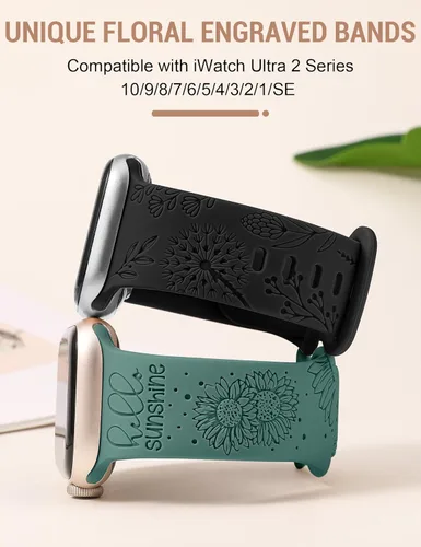 Miniatura 2 de Minyee Paquete de 2 correas grabadas florales compatibles con Apple Watch Band de 38/40/41/42/44/45/46/1.929 in para mujer, bonita correa