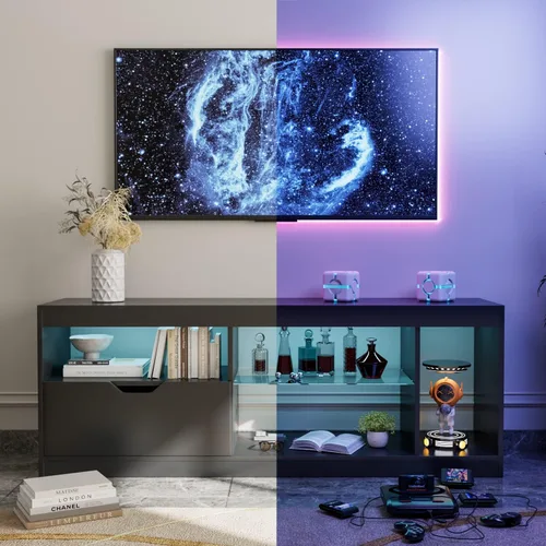 Miniatura 8 de YESHOMY Moderno soporte de TV LED para televisores de hasta 65 pulgadas con estantes y cajones de vidrio, centro de entretenimiento