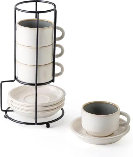 Miniatura 8 de JIEMEI HOME - Tazas apilables de porcelana para espresso con platillos y soporte de metal, tazas Demitasse de 4 onzas para bebidas de café