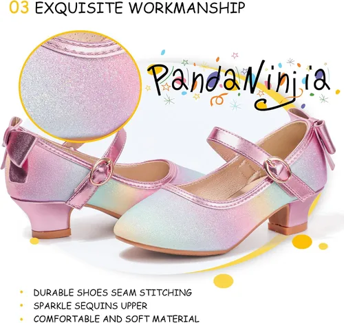 Miniatura 37 de PANDANINJIA Vestido de jada para niñas y niños pequeños, zapatos de princesa Mary Jane con tacones con lazo para fiesta, boda, boda