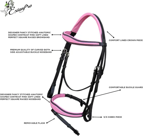 Miniatura 4 de Exion Brida inglesa rosa para caballos Brida inglesa de salto anatómico y banda de cabeza brida inglesa con flash Royal English Bridle