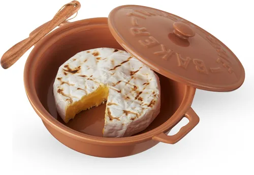 Miniatura 10 de Cazuela de queso Twine de cerámica con esparcidora de madera de acacia, cazuela de queso brie con tapa, cazuela para hornear queso brie, utensílios