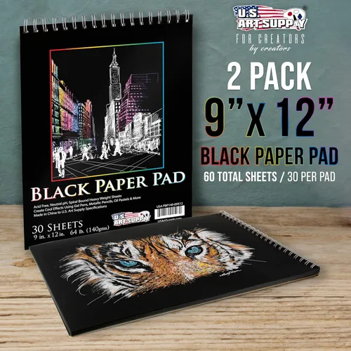 Miniatura 2 de U.S. Art Supply Cuaderno de bocetos de papel negro de alta calidad de 9 x 12, 64 libras (4.94 oz/m²), paquete de 2, 30 hojas, encuadernado