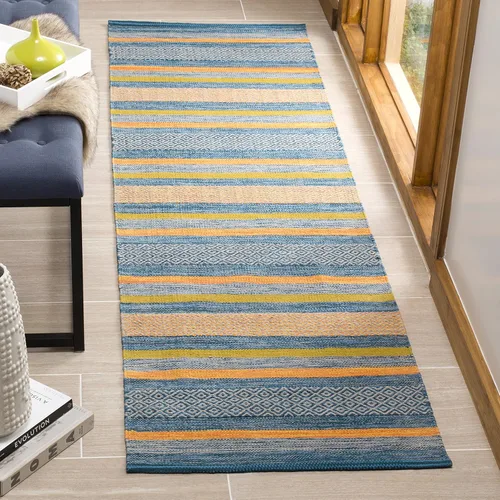 SAFAVIEH Colección Montauk - Alfombra de pasillo, 2 pies 3 pulgadas x 8 pies, azul y naranja, tejido plano hecho a mano, algodón a rayas, ideal para