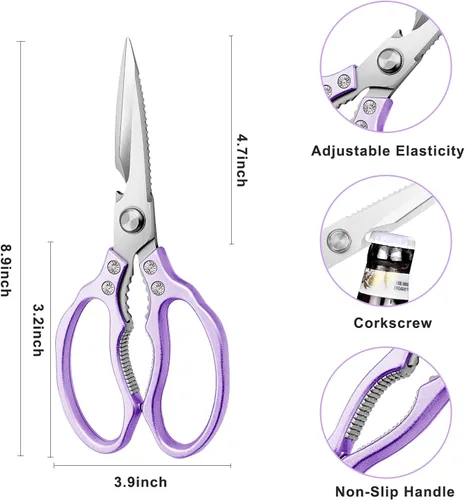 Miniatura 3 de AWinjoy Tijeras de cocina afiladas resistentes, aptas para lavavajillas, tijeras de cocina para carne, pollo, pescado, aves, hierbas, pan (morado)