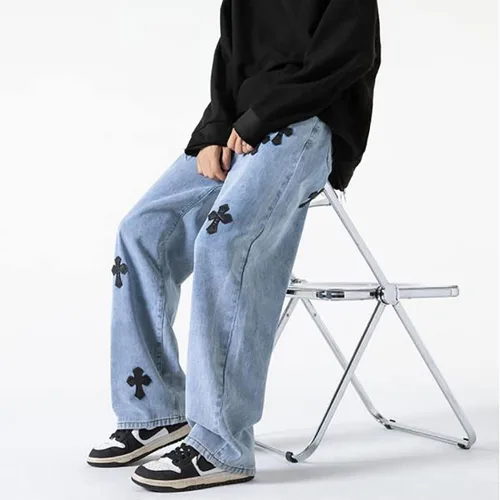 Miniatura 4 de Pantalones de mezclilla holgados para hombre, estilo hip-hop, cruzados, holgados, pierna ancha, rectos, ropa de calle