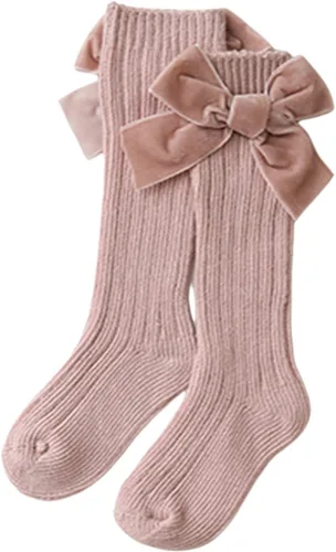 Miniatura 4 de Kayotuas Calcetines altos hasta la rodilla con lazos, calcetines de uniforme con volantes de tubo largo, calcetines de punto acanalado para bebés