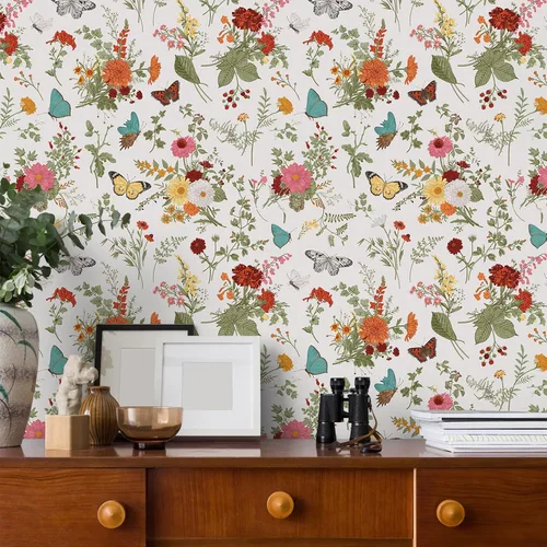 Miniatura 2 de VEELIKE Papel tapiz de 17.7 x 118 pulgadas con diseño de mariposas y caléndulas florales, para dormitorio, baño, guardería, papel de contacto floral