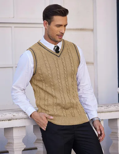 Miniatura 3 de COOFANDY Suéter para hombre, cuello en V, ajustado, casual, sin mangas, tejido trenzado