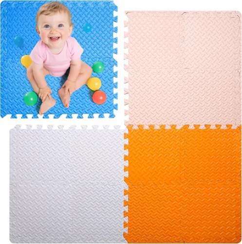 Miniatura 18 de Coolcandy Tapete de juego de espuma para bebé, 16 piezas con tiras de borde, azulejos de piso entrelazados de 4 colores, tapete de piso