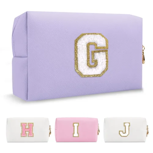 Miniatura 113 de Pequeña bolsa de maquillaje personalizada con inicial A-Z Preppy Patch, bolsa de cosméticos de viaje de felpilla blanca con cremallera, bonita bolsa