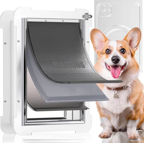 Miniatura 12 de Puerta de perro extra grande de 3 solapas para puertas con panel de bloqueo deslizante, marco de acero y túnel telescópico para mascotas, puerta