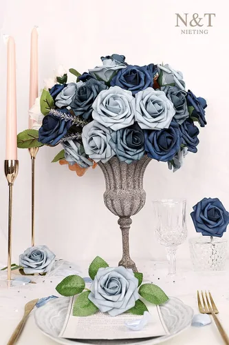 Miniatura 478 de N&T NIETING Flores artificiales, rosas artificiales de color rosa intenso, 50 piezas de flores falsas con tallo para ramos de boda DIY, centros