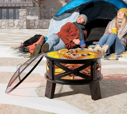 Fire Beauty Hoguera de Acero de 26" con Rejilla de Parrilla y Pantalla de Chispas, Tecnología de Impulso de Flujo de Aire de 360°, Menos Humo,